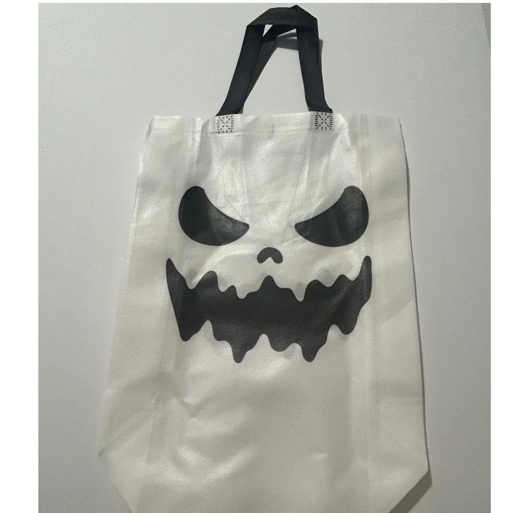 Halloween Trick or Treat Bag White Pumpkin Ghost Face Reusable Tote Spooky 15in
